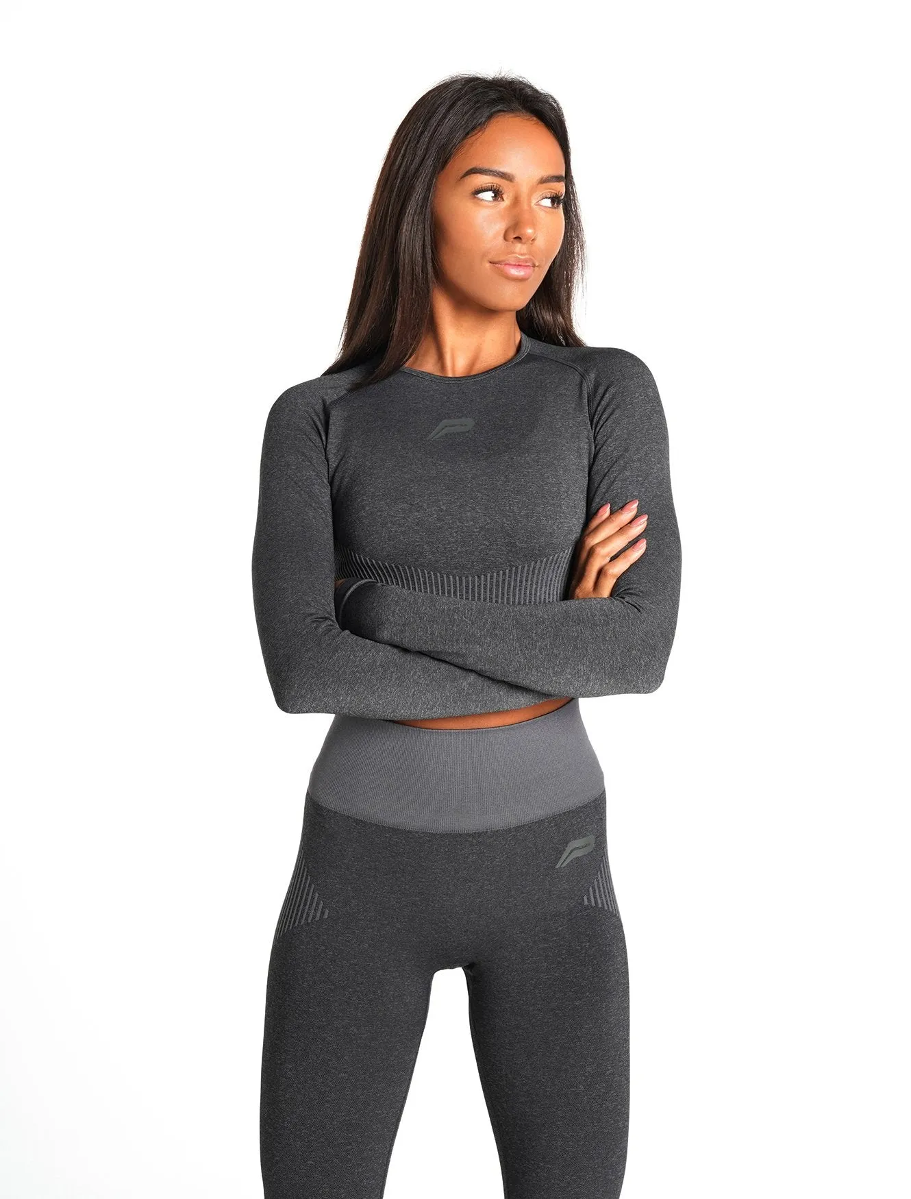 ADAPT Seamless Long Sleeve Crop Top - Black.Charcoal