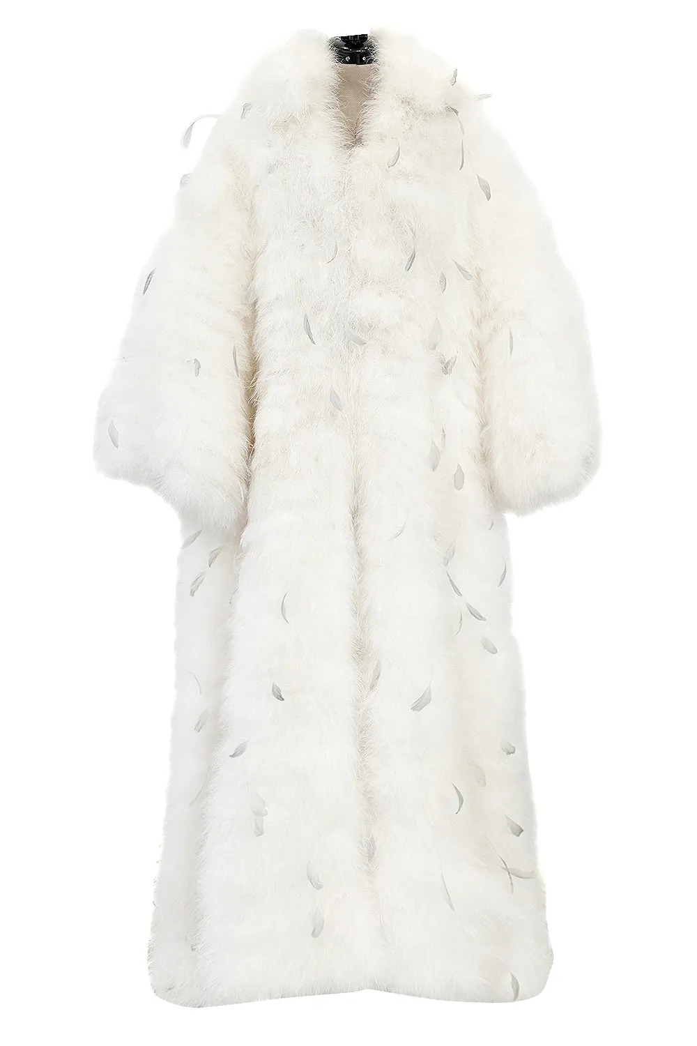 Amazing Vintage Unlabeled Full Length White Fluffy Feather Coat w Extra Wide Bell Sleeves