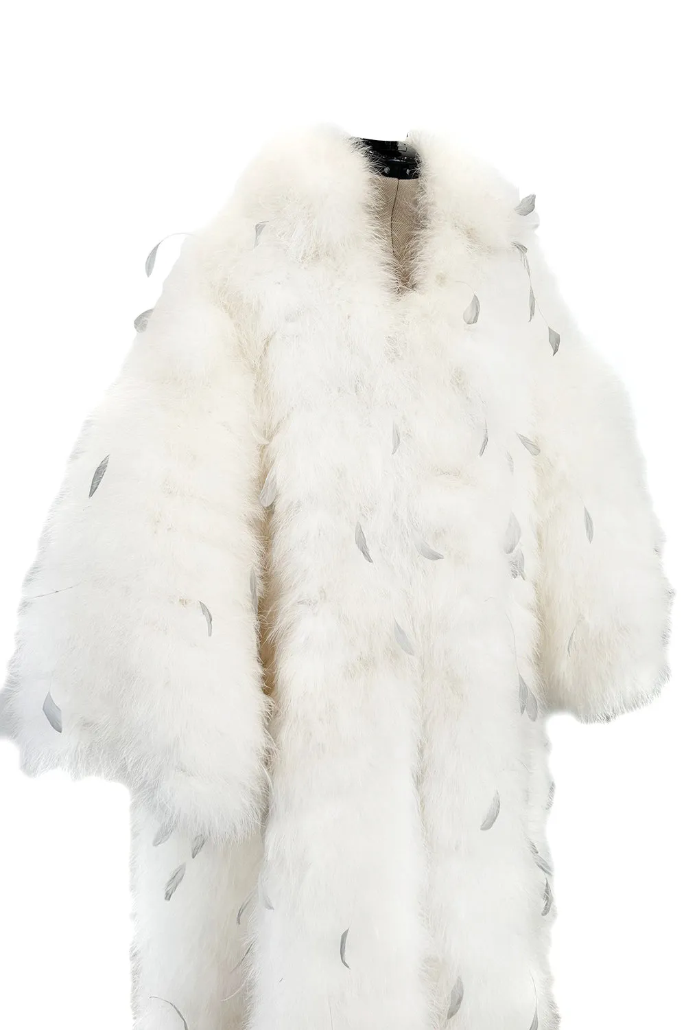 Amazing Vintage Unlabeled Full Length White Fluffy Feather Coat w Extra Wide Bell Sleeves