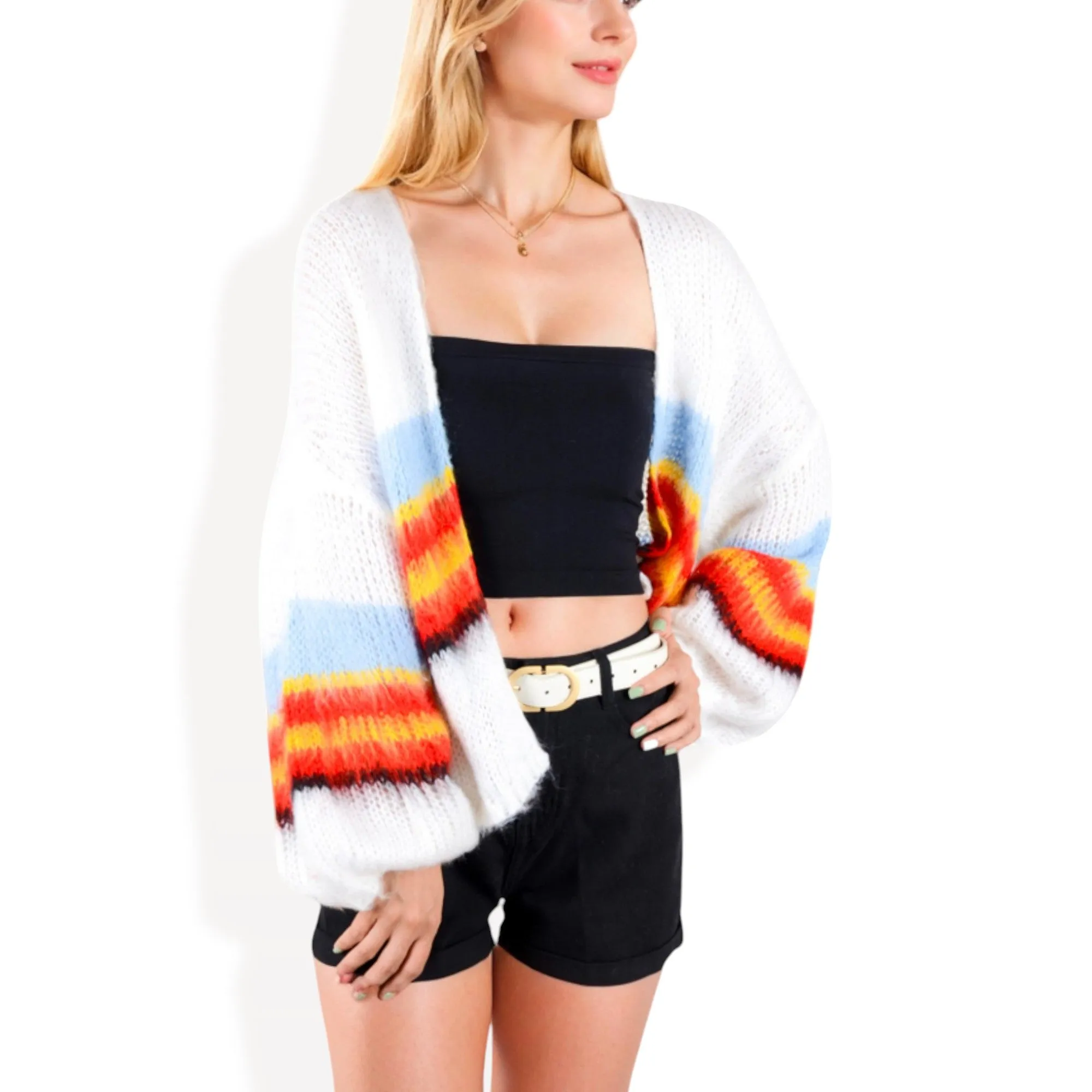 Anna-Kaci Women's Open Knit Cardigan with Colorful Stripes and Balloon Sleeves