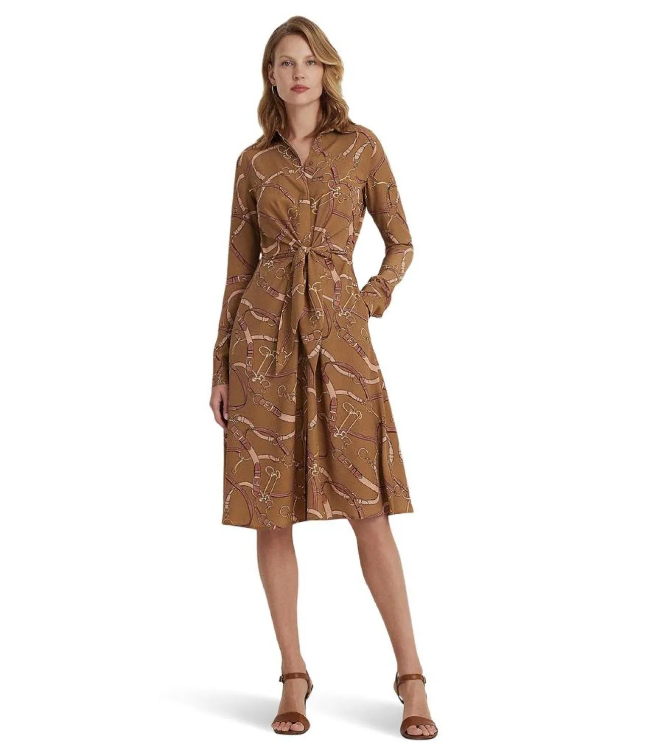 Belting-Print Tie-Front Crepe Shirtdress