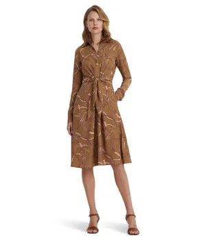 Belting-Print Tie-Front Crepe Shirtdress