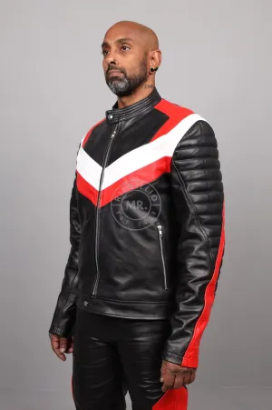 Black Leather Jacket - Red & White Panels