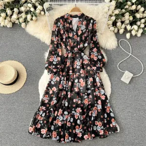 Black V-neck Chiffon Floral Long Sleeve Dress | Women