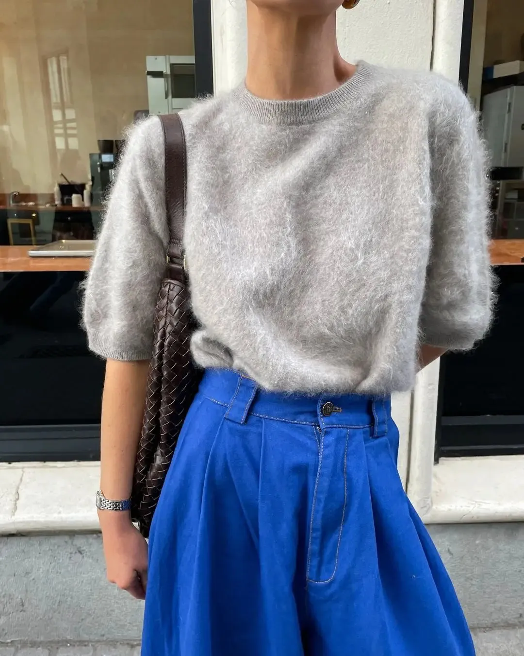 Casual Solid Color Short Sleeve Women's Elegant Round Neck Loose Sweater