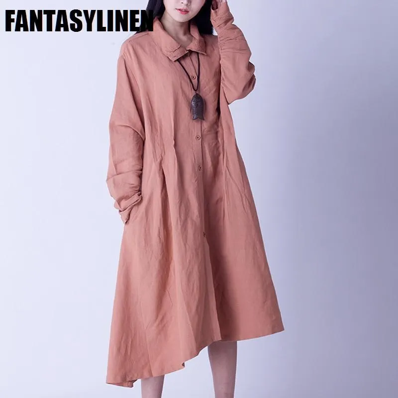 Causel Maxi Size Wind Coat Loose Cotton Linen Long Sleeve Coat Women Clothes W2605A