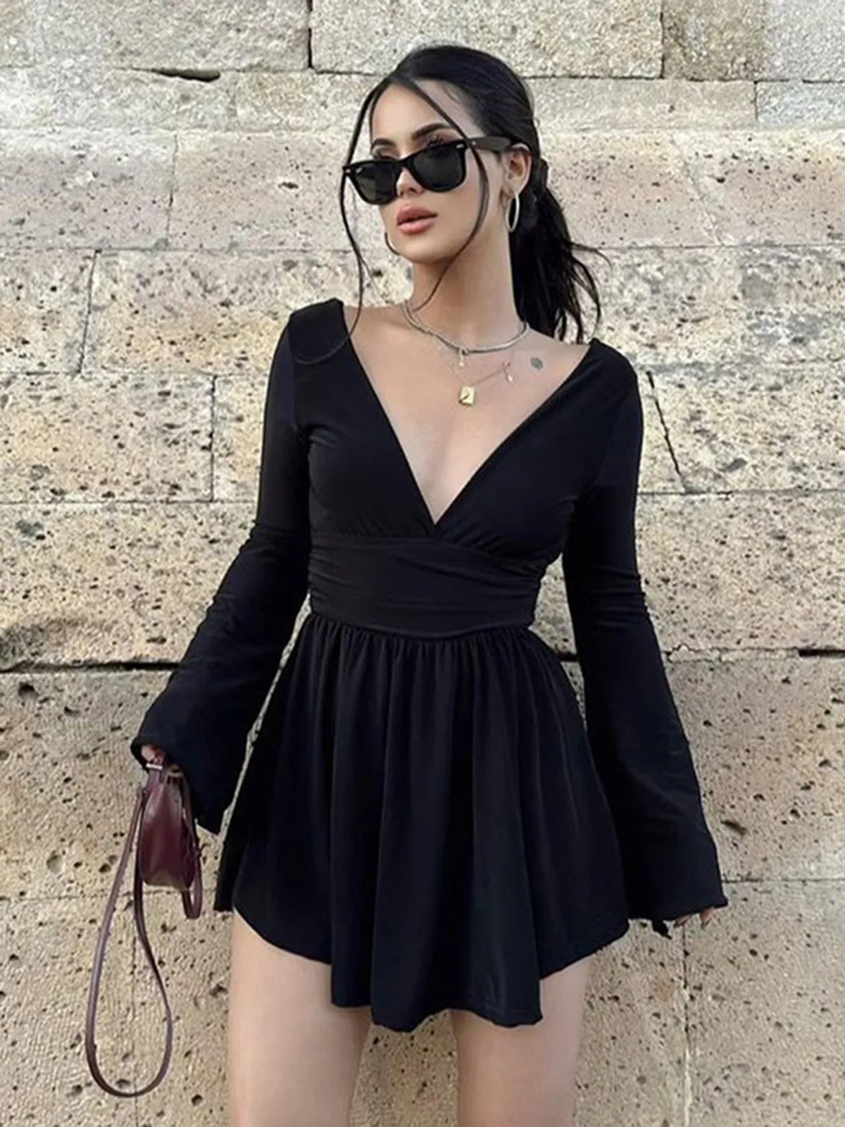 Effortless Plunge Graceful Skater Short Dress