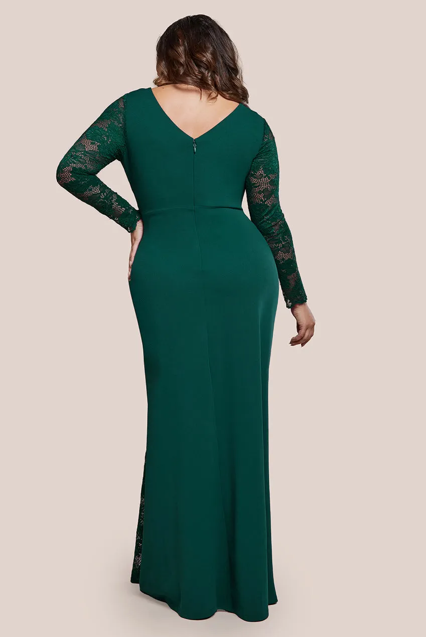 Goddiva Plus Scuba & Lace Wrap Maxi Dress - Emerald