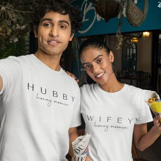 Hubby Wifey Matching Outfits for Honeymoon, Just Married Set, Engagement and Wedding Duo