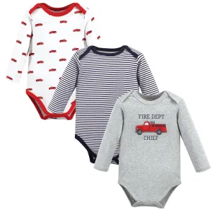 Hudson Baby Cotton Long-Sleeve Bodysuits, Gray Fire Truck