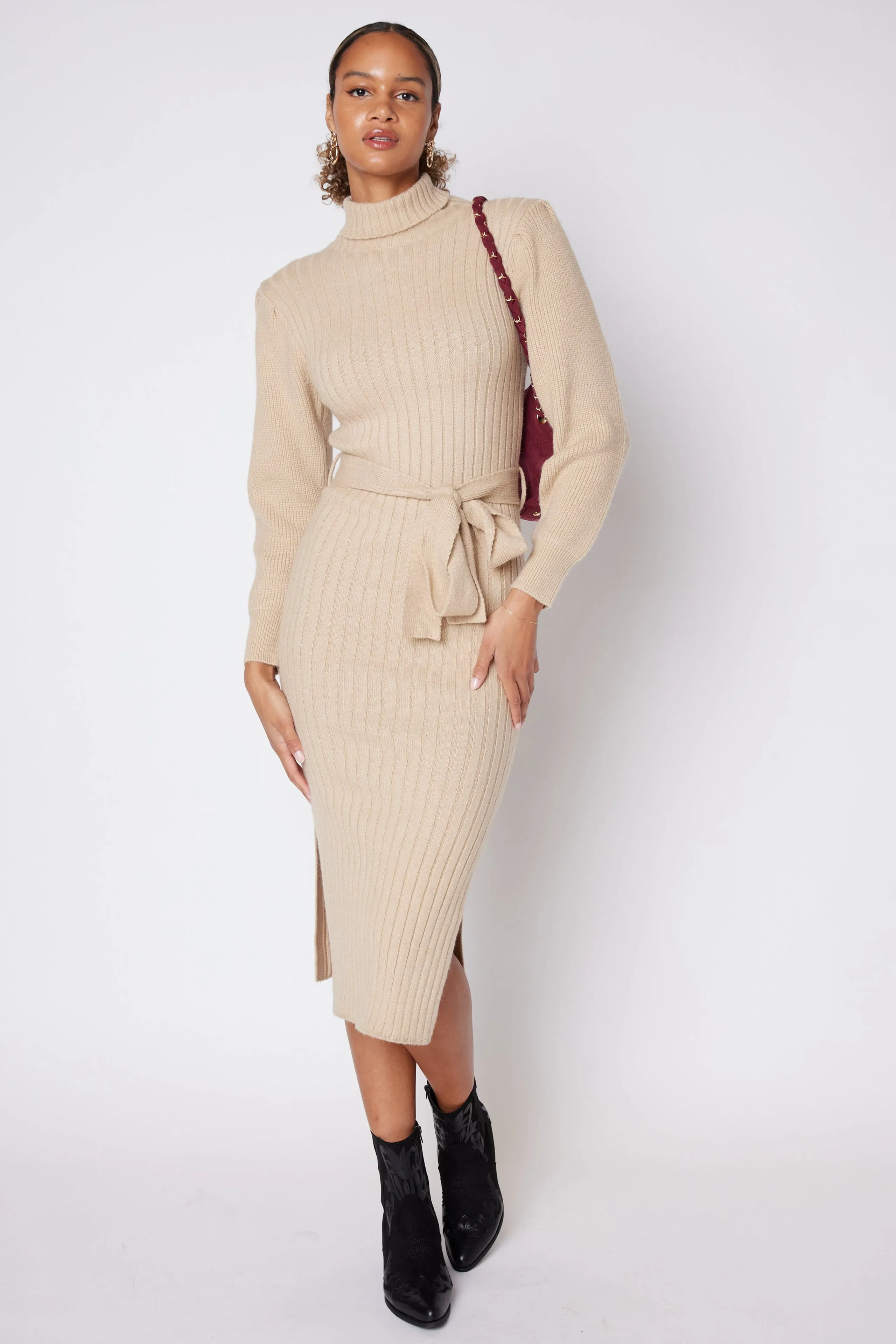 James Turtleneck Tie Waist Sweater Dress