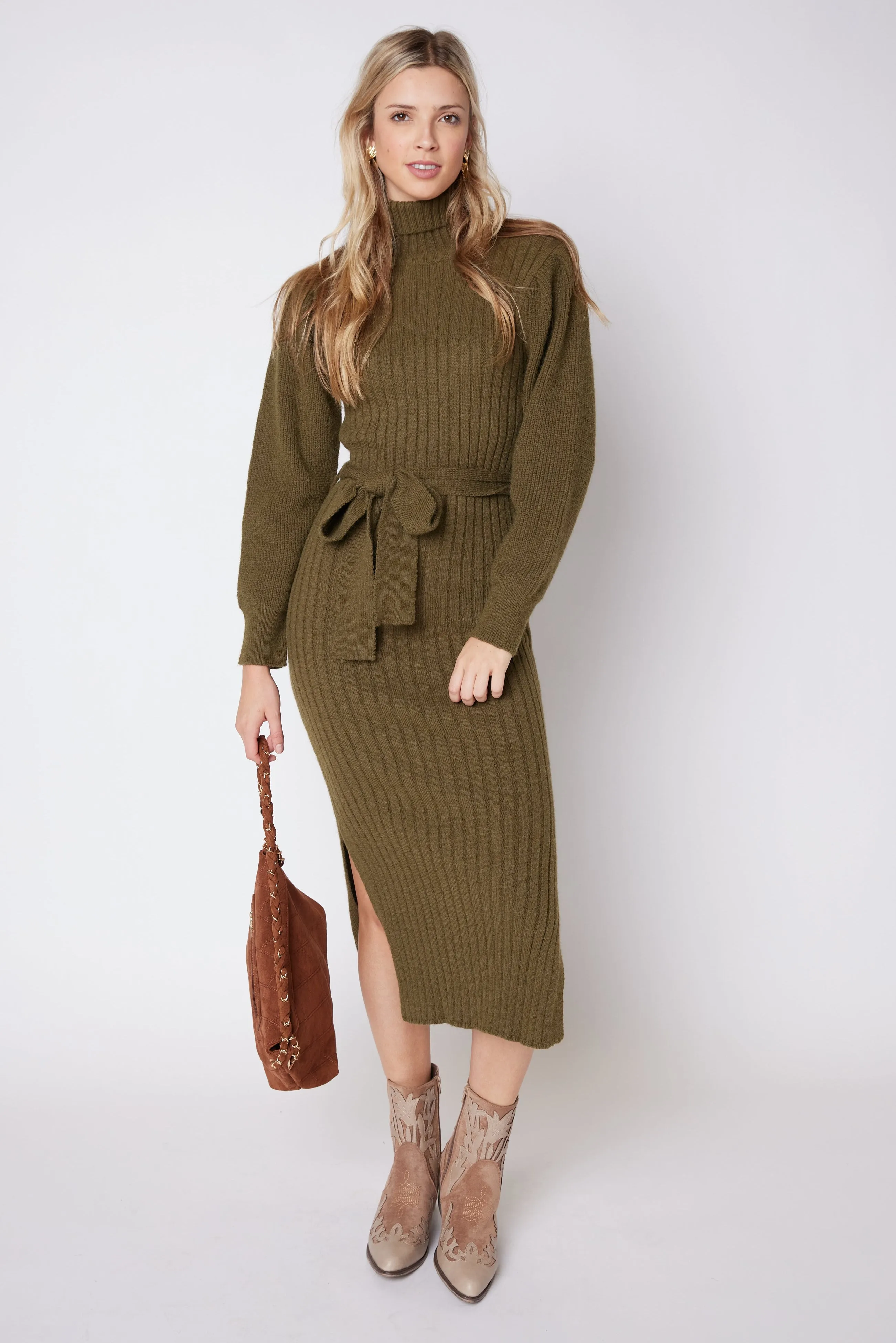 James Turtleneck Tie Waist Sweater Dress