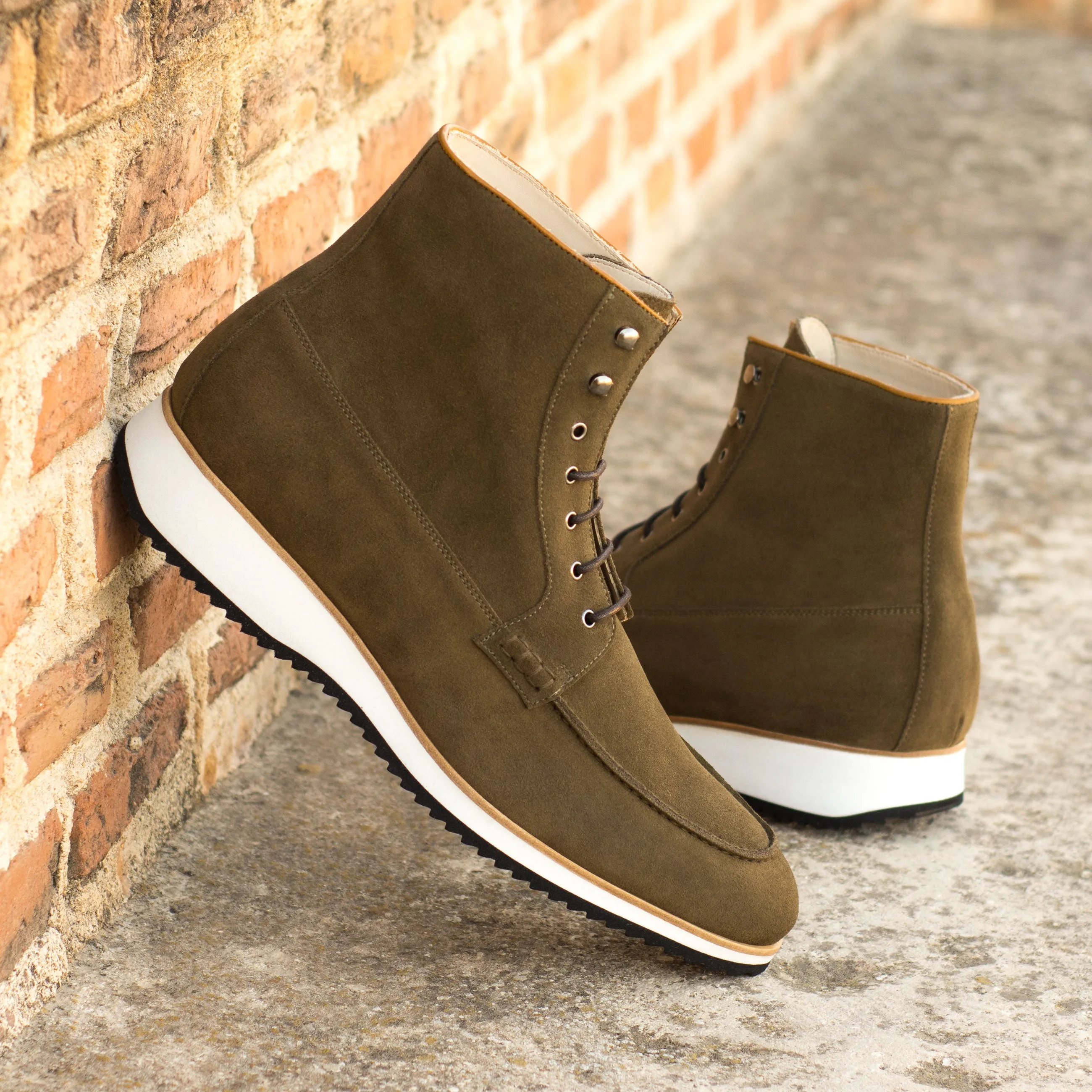 Khaki Suede Moc-Toe Boots