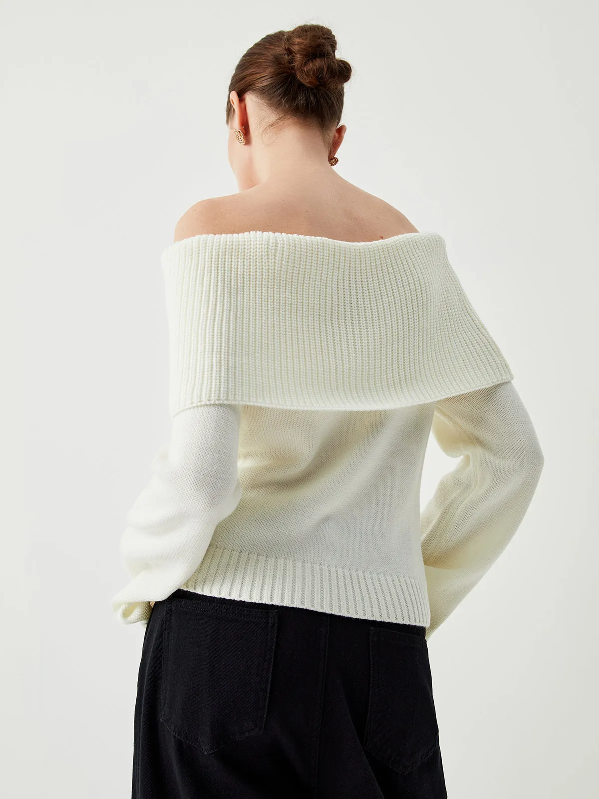 Knit Ribbed Graceful Overfold Off-Shoulder Sweater