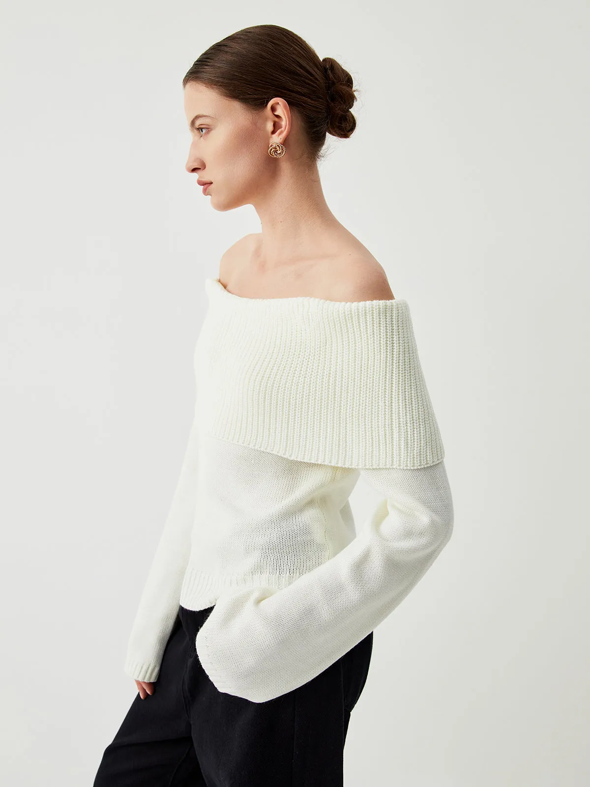 Knit Ribbed Graceful Overfold Off-Shoulder Sweater