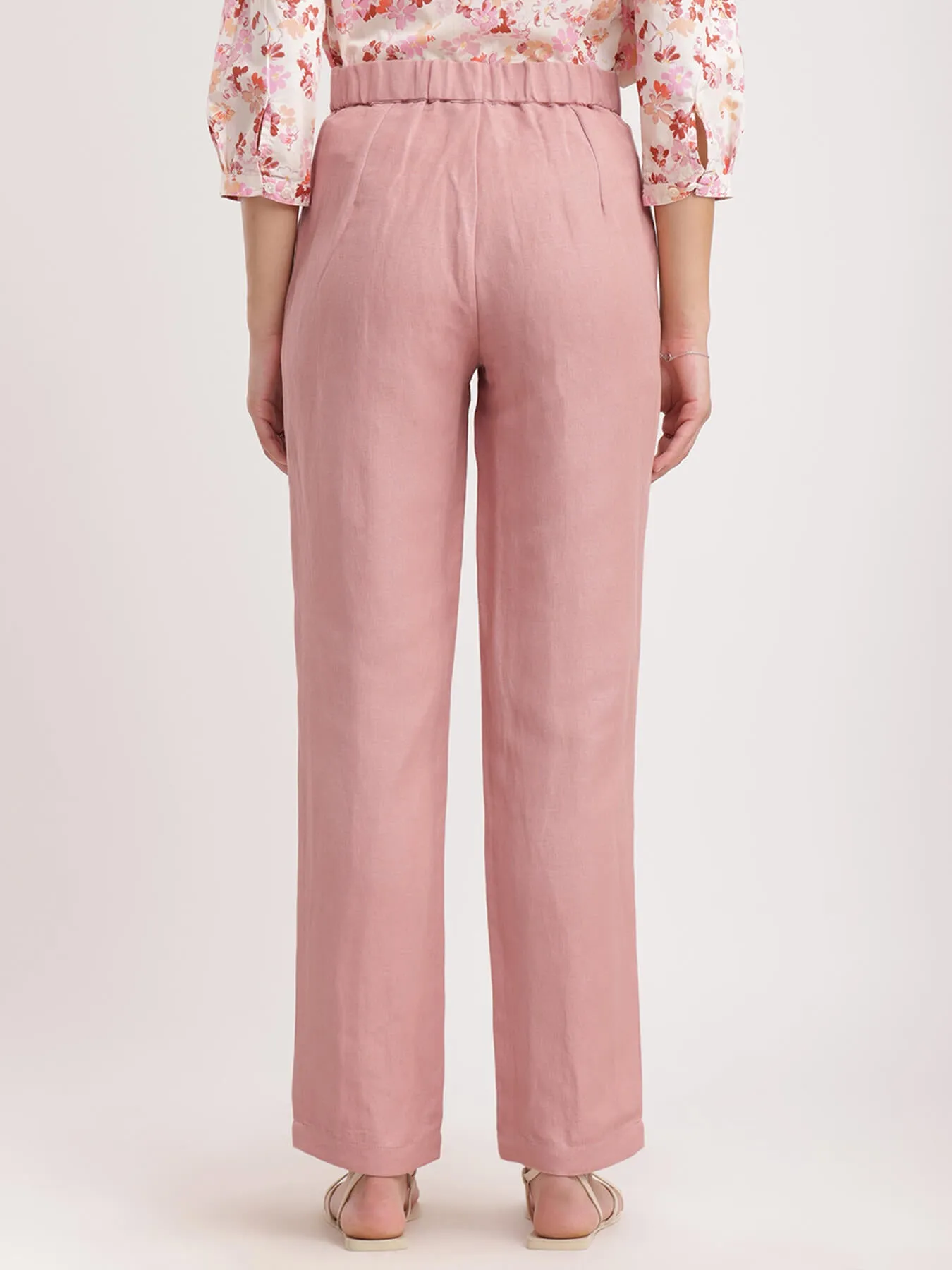 Linen Elasticated Straight Fit Pants - Dusty Pink