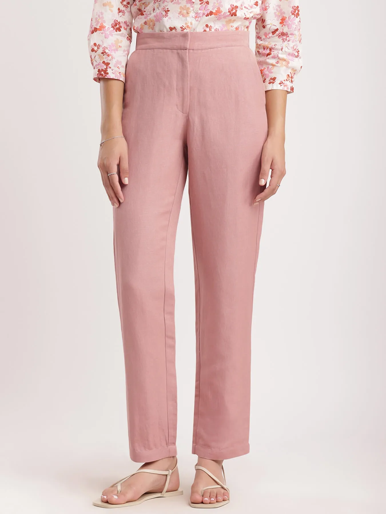 Linen Elasticated Straight Fit Pants - Dusty Pink