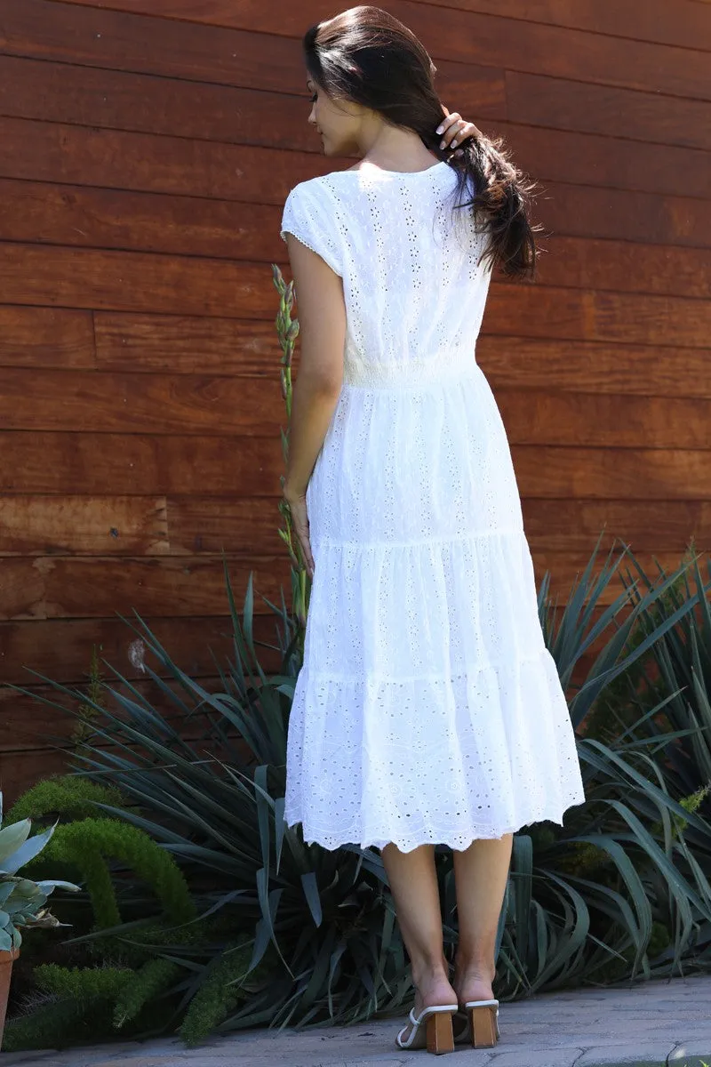 Lola P Eyelet Embroidered V Neck Midi Dress. Fall Clearance!