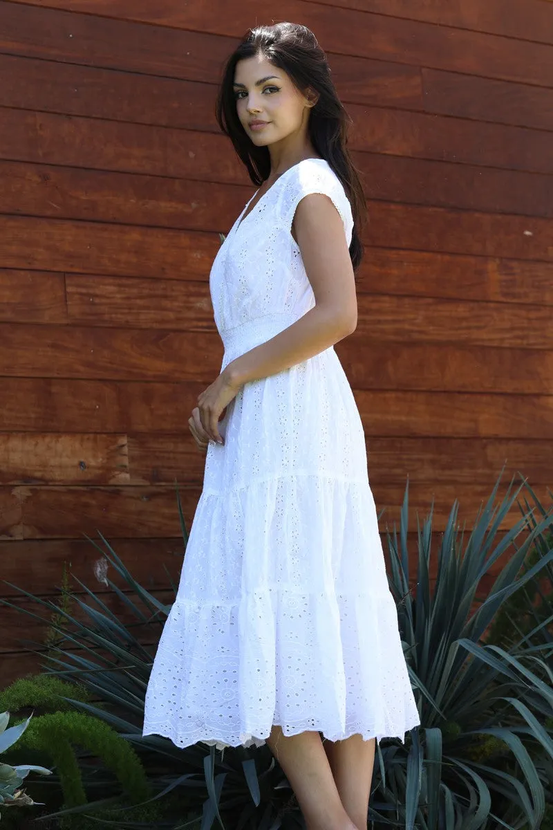 Lola P Eyelet Embroidered V Neck Midi Dress. Fall Clearance!