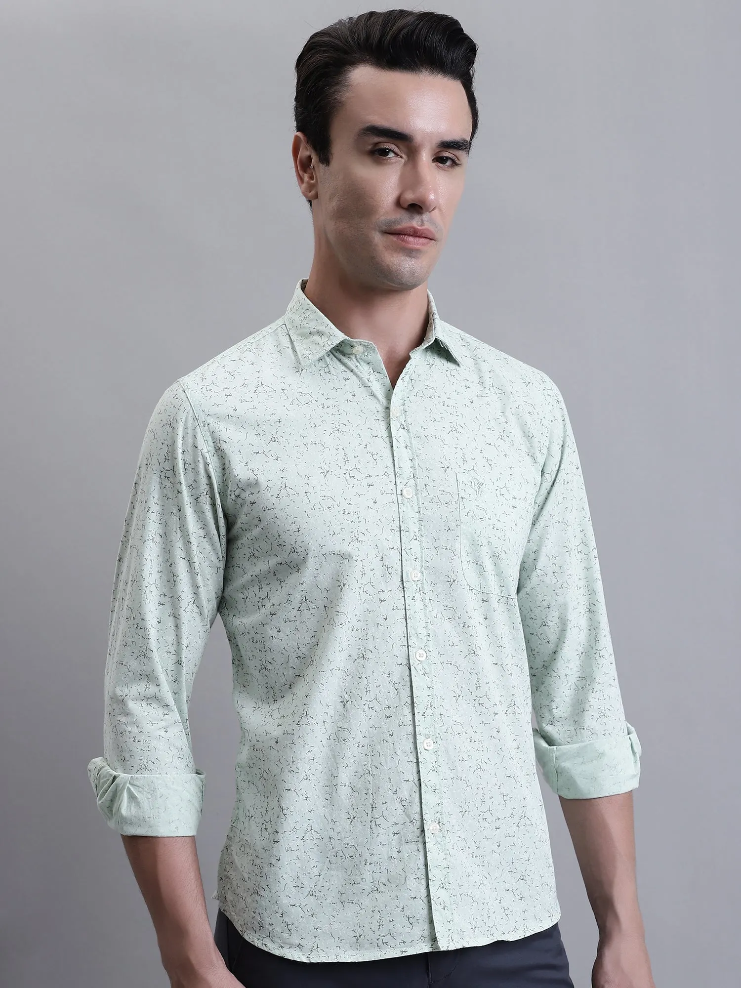 Men's Light Green Casual Abstract Ditsy Print Full Sleeve Shirt