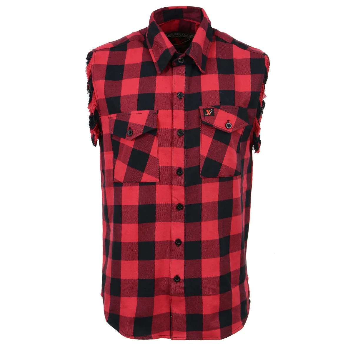 Milwaukee Leather MNG11692 Men’s Classic Black and Red Button-Down Flannel Cut Off Frayed Sleeveless Casual Shirt