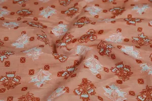 Peach Motifs Printed Muslin Viscose Blend Fabric