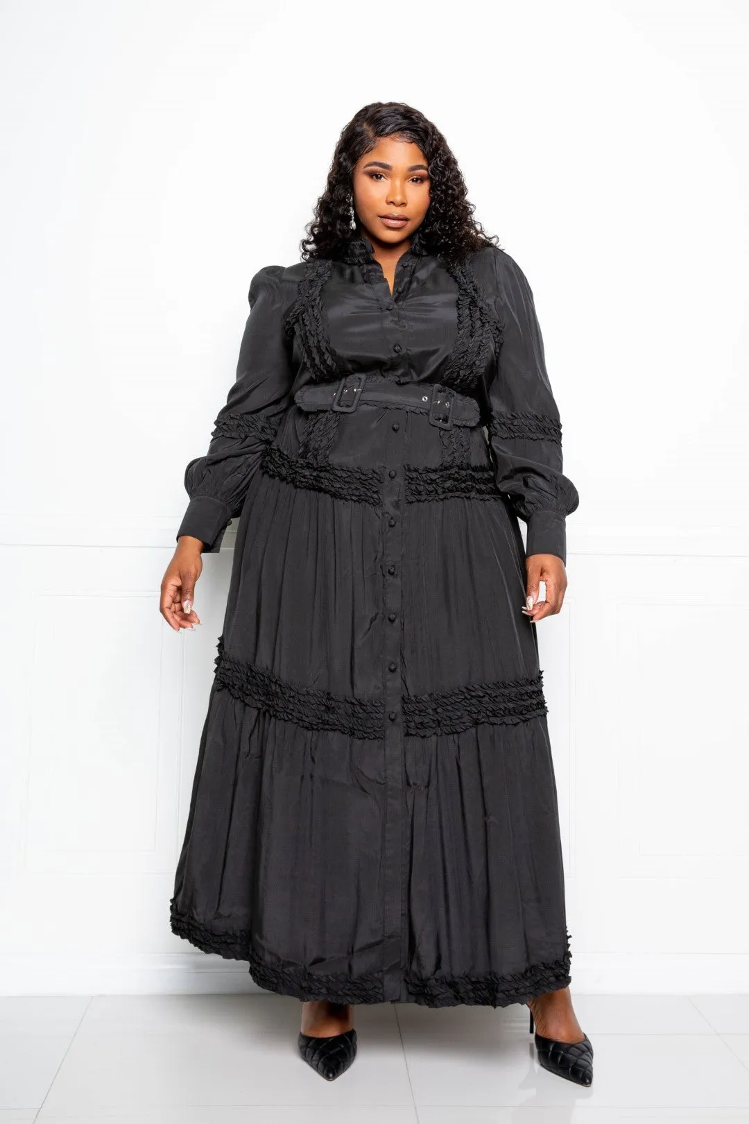 Plus Size Black long Sleeve Button Down Belted Ruffle Flowy Maxi Dress