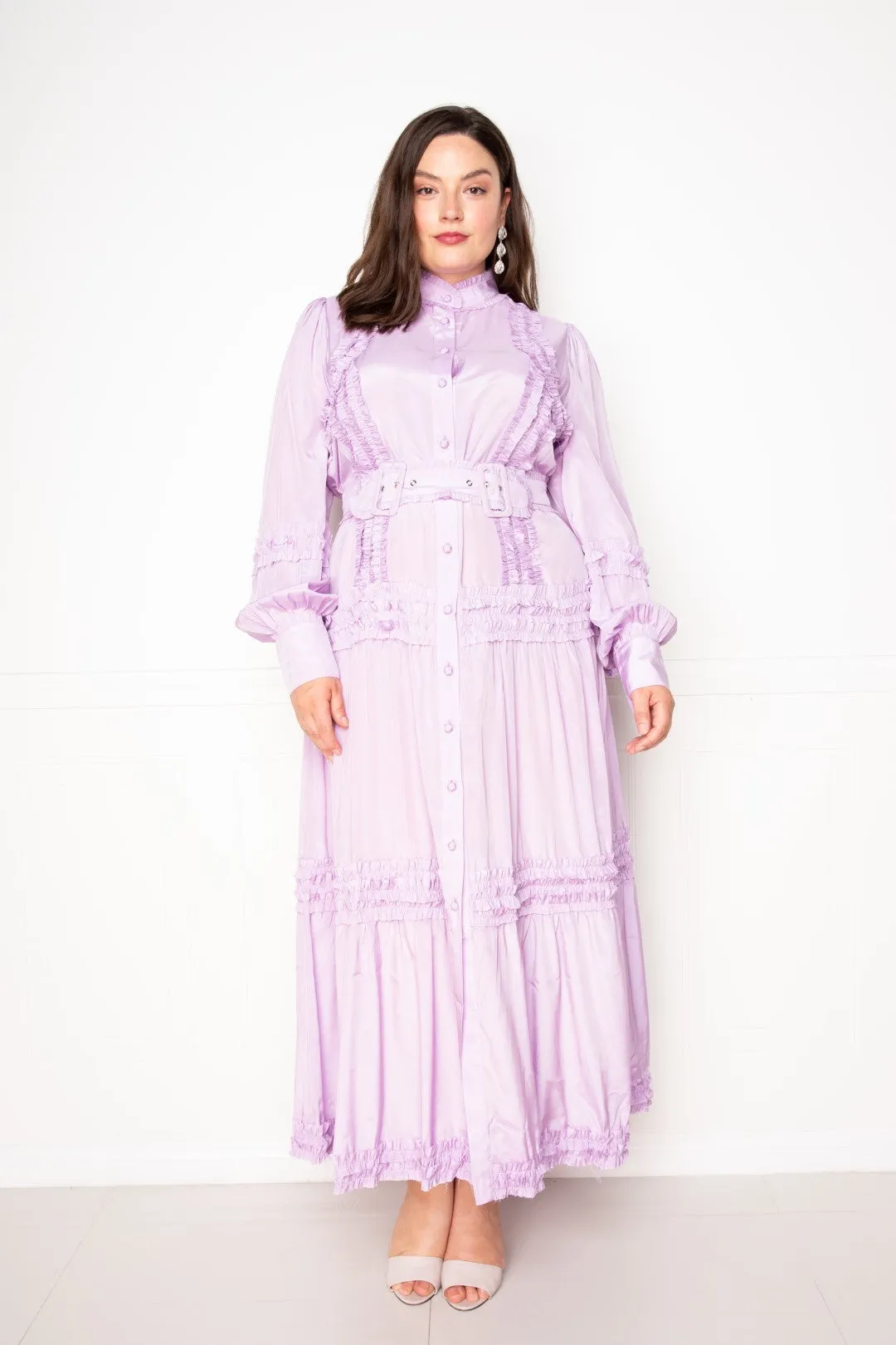 Plus Size Violet long Sleeve Button Down Belted Ruffle Flowy Maxi Dress