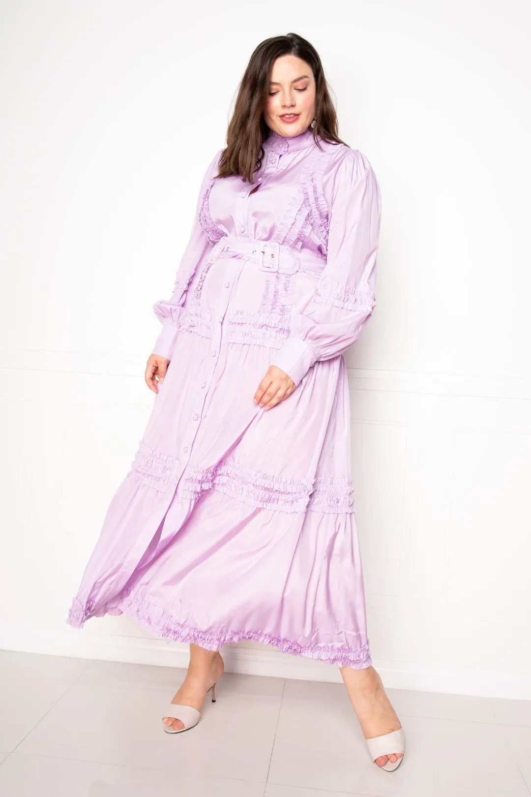 Plus Size Violet long Sleeve Button Down Belted Ruffle Flowy Maxi Dress