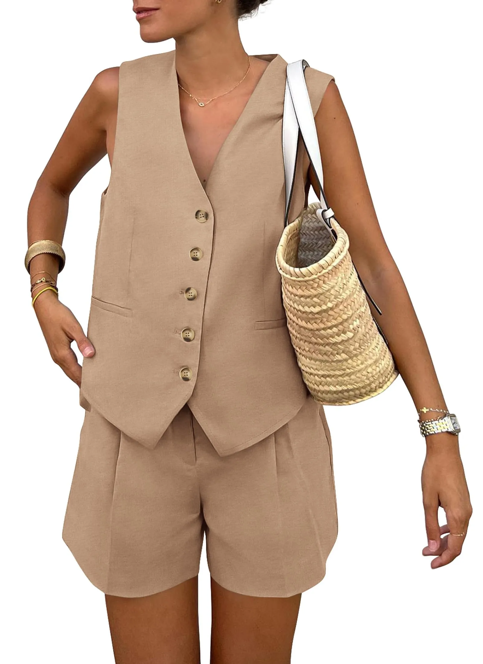 PRETTYGARDEN Two Piece Outfits for Women Summer Button Up V Neck Vest Waistcoat and Pockets Shorts Chic Casual Matching Sets (Khaki,Medium)