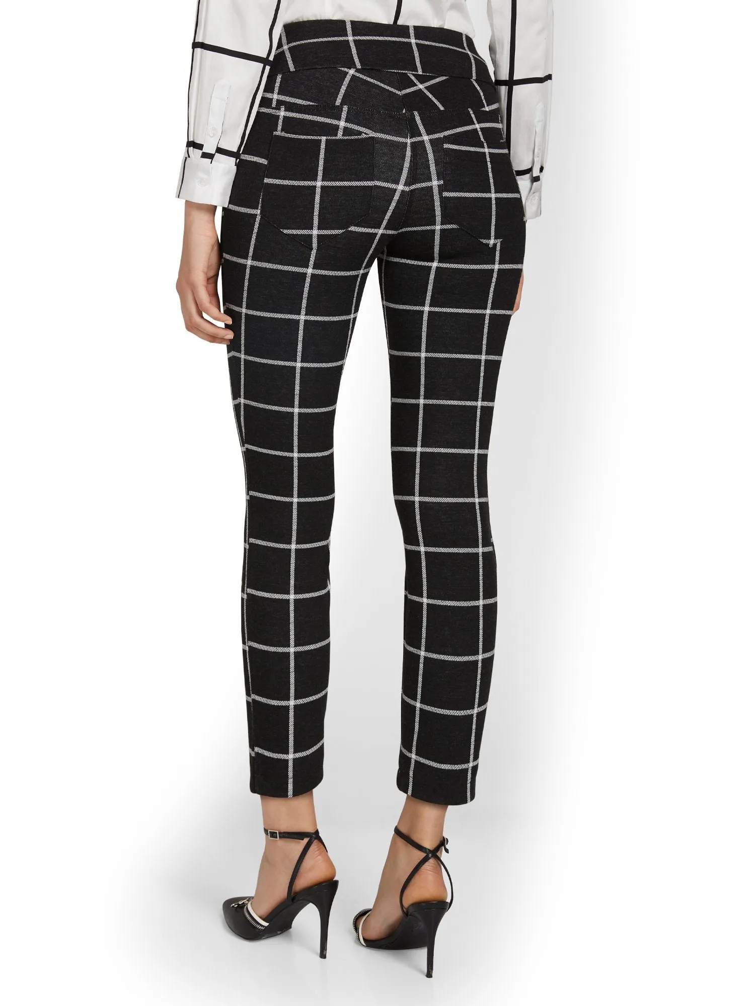 Pull-On Windowpane-Print Ankle Ponte Pant - Superflex