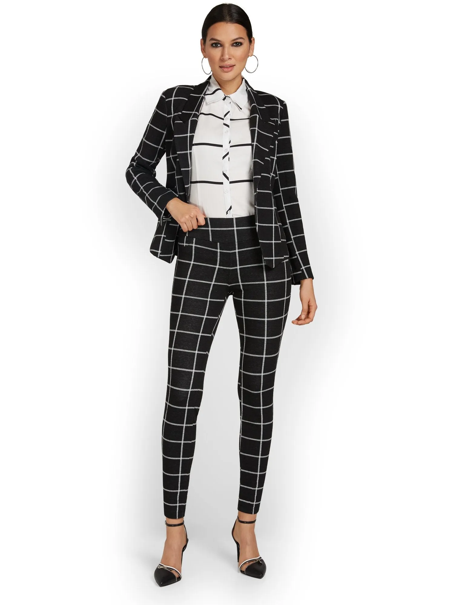 Pull-On Windowpane-Print Ankle Ponte Pant - Superflex