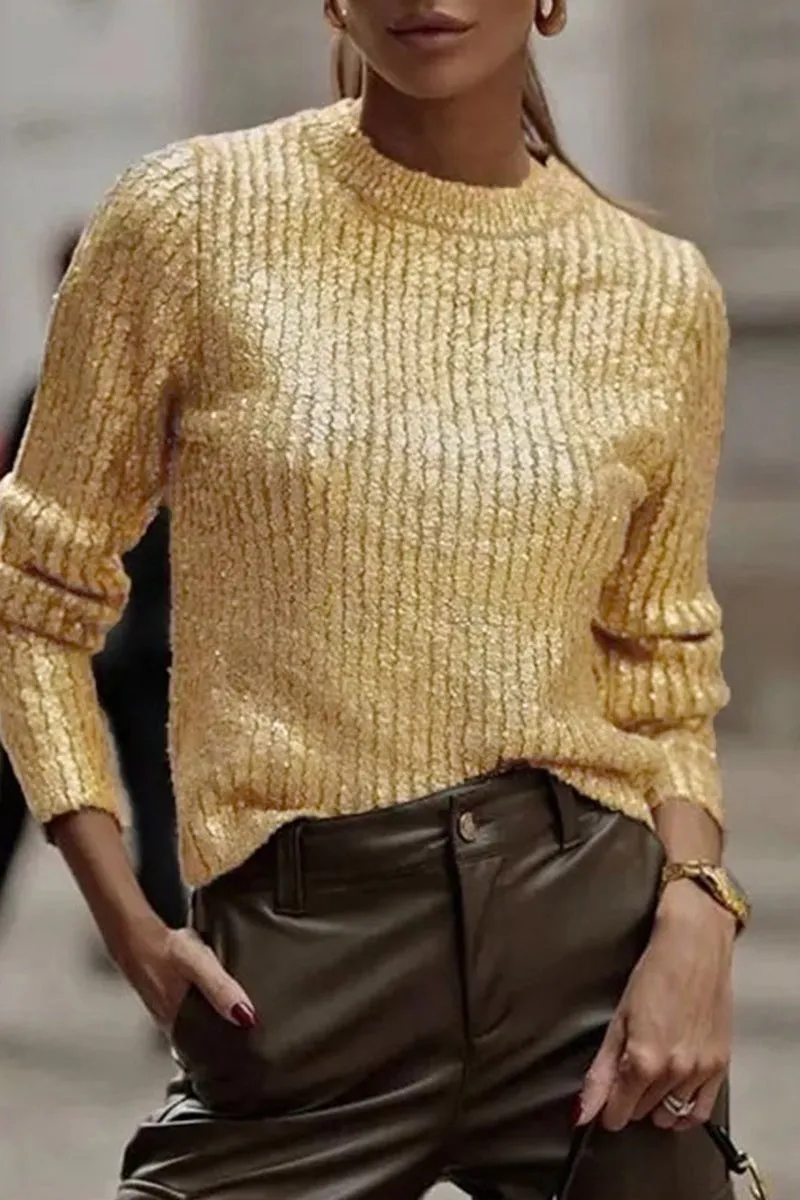 Purpdrank - Elegant Solid Sequined O Neck Sweaters