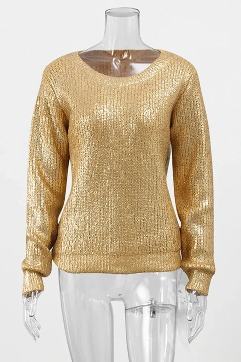 Purpdrank - Elegant Solid Sequined O Neck Sweaters