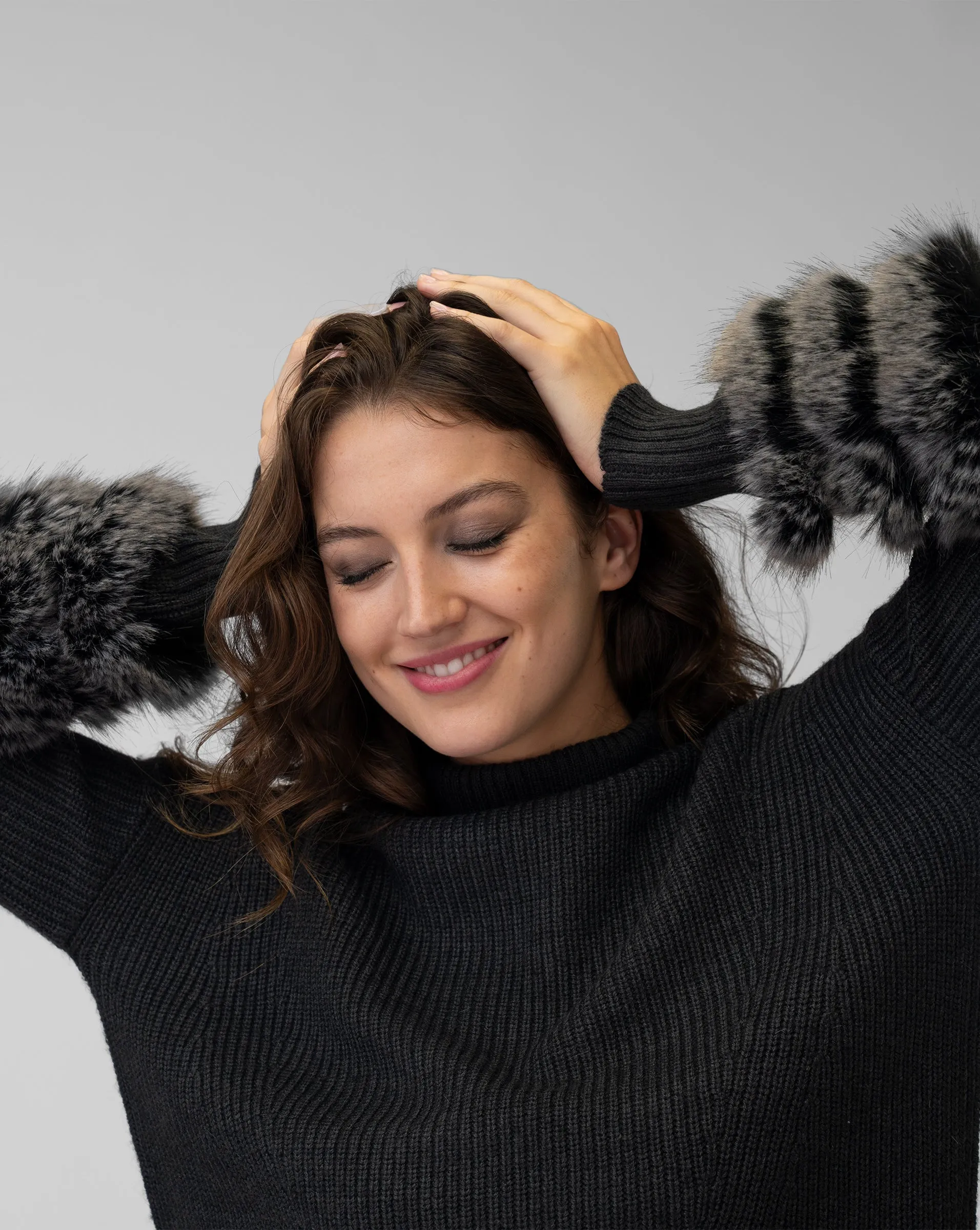 Ribbed Mock Neck Faux Fur Cuff Sweater