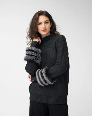 Ribbed Mock Neck Faux Fur Cuff Sweater