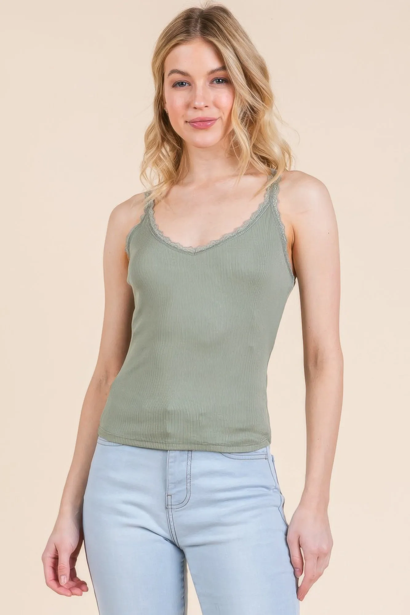 Ribbed V-neck Lace Trim With Strap Tank Top