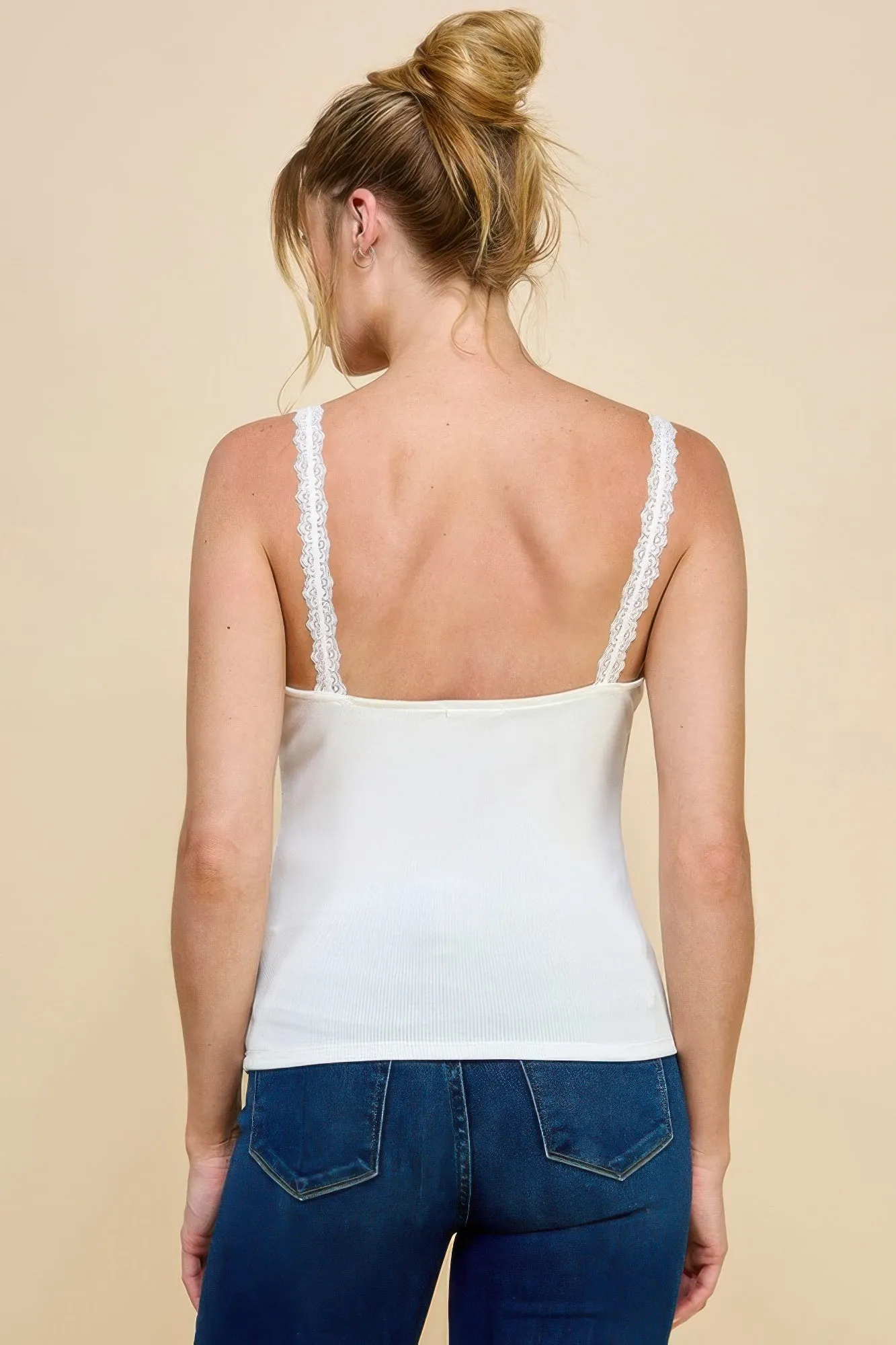 Ribbed V-neck Lace Trim With Strap Tank Top