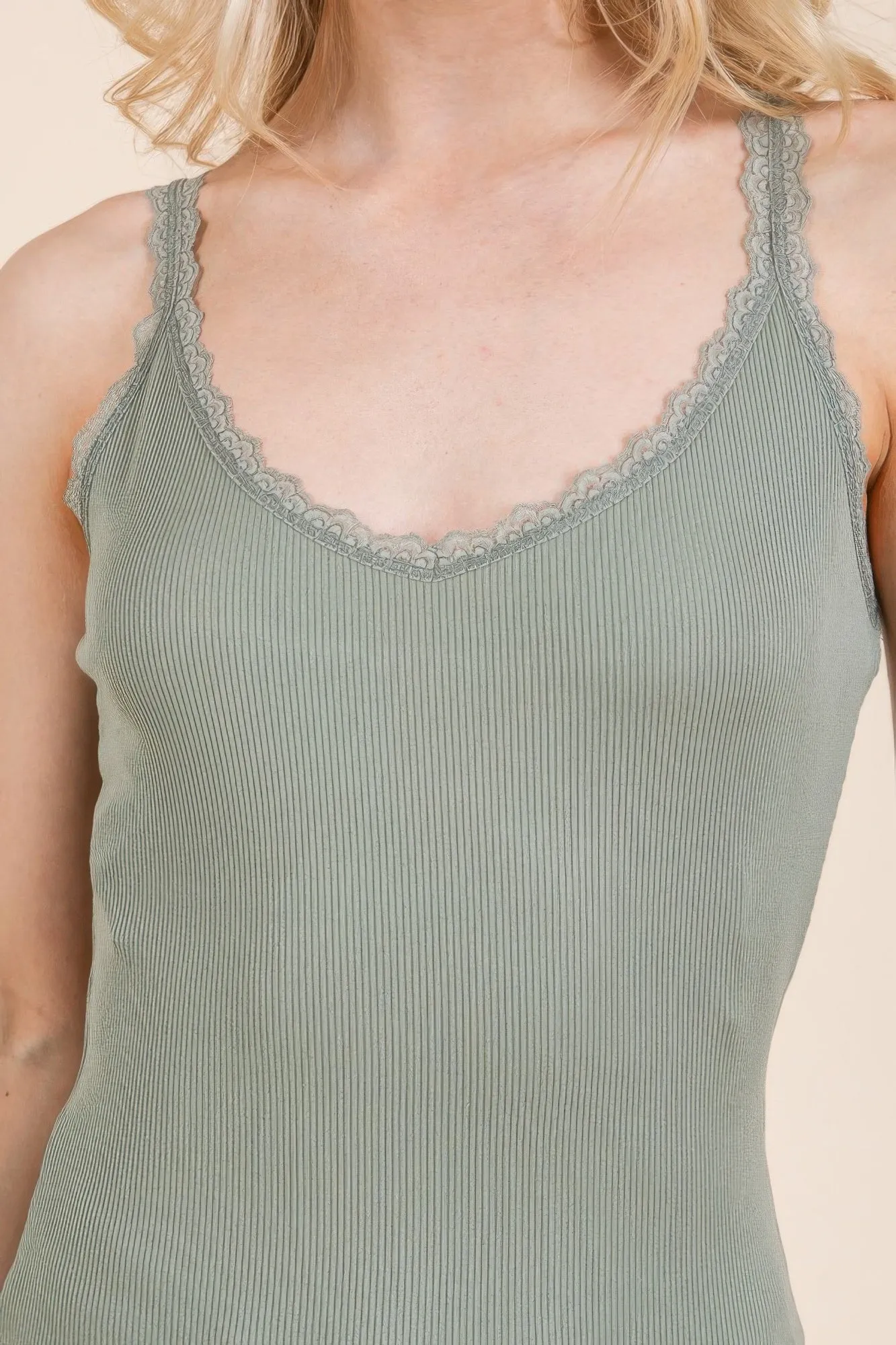 Ribbed V-neck Lace Trim With Strap Tank Top