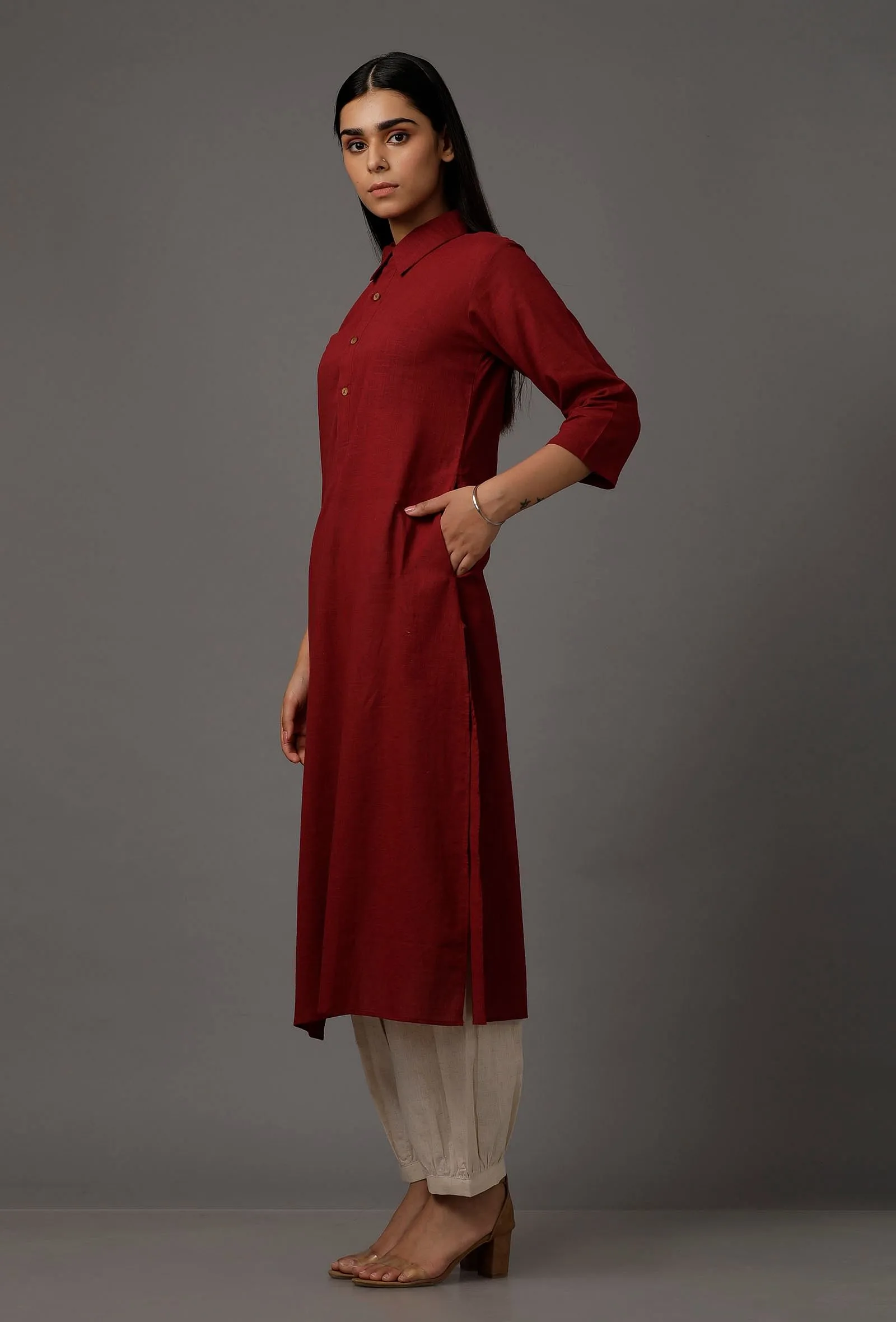 Set of 2: Maroon Pure Woven Cotton Kurta and Pants