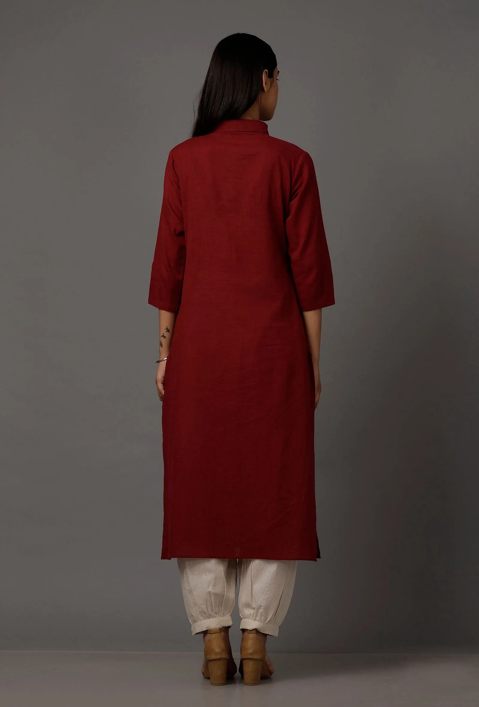 Set of 2: Maroon Pure Woven Cotton Kurta and Pants