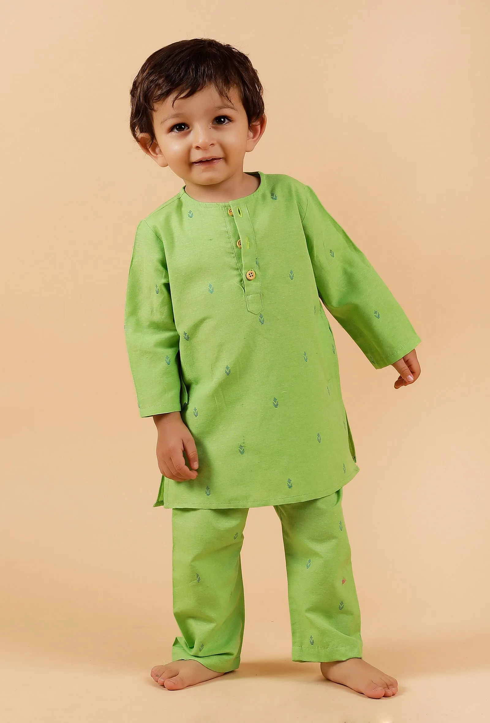 Set Of 2: Mint Green Kurta With Mint Green Buti Woven Pant