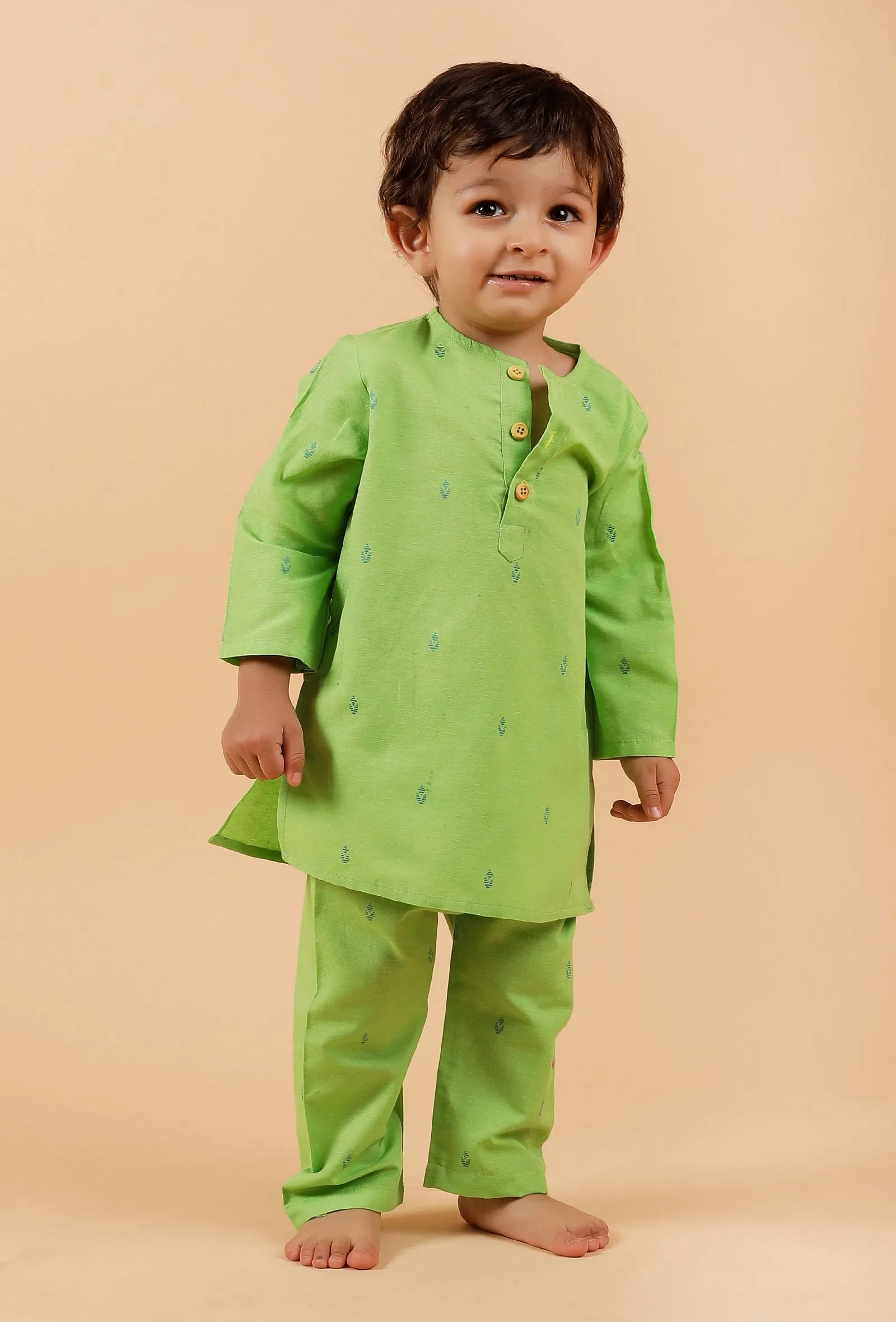 Set Of 2: Mint Green Kurta With Mint Green Buti Woven Pant