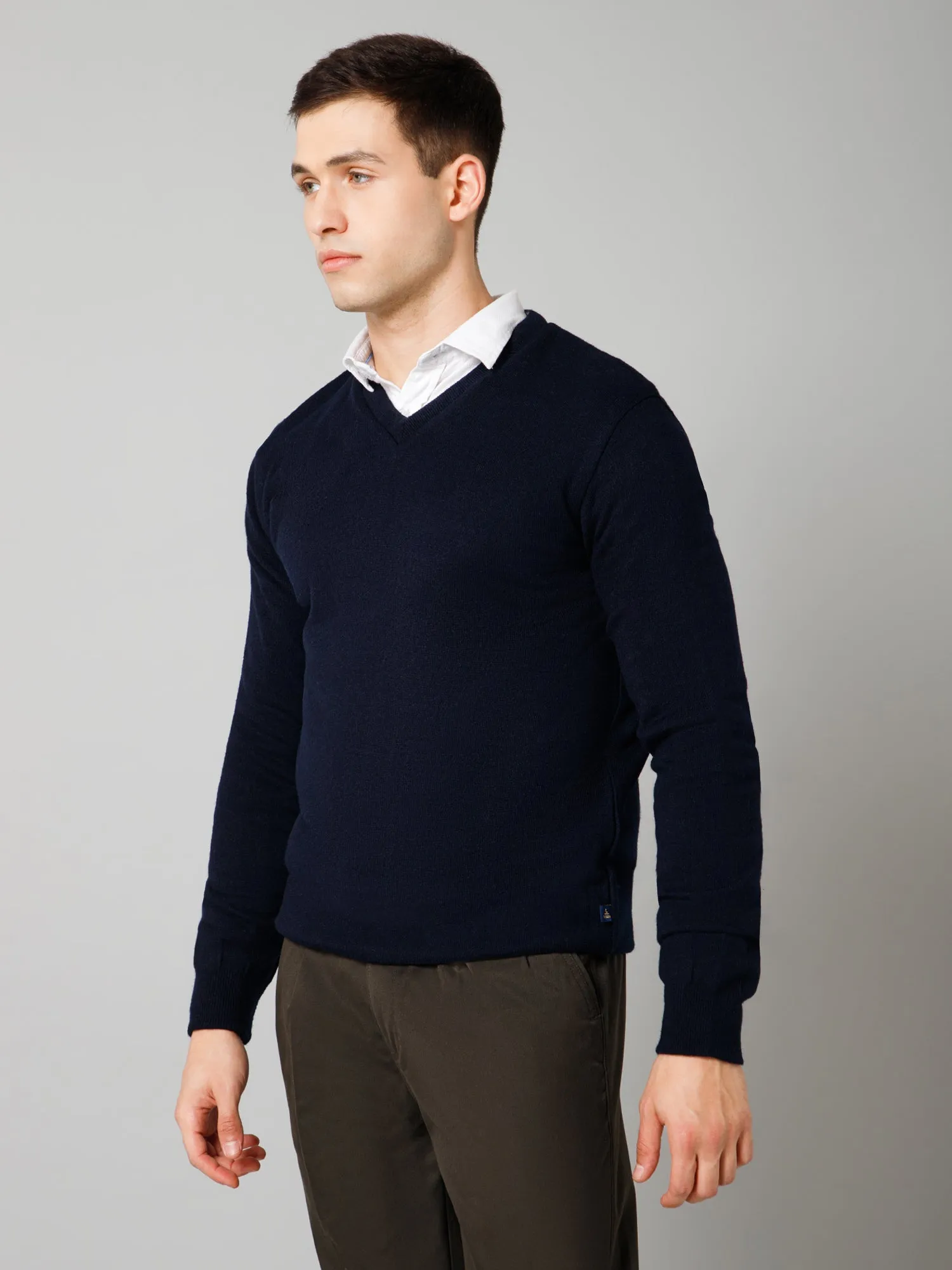 Solid Navy Blue Full Sleeves V Neck Reversible Regular Fit Casual Sweater for Men