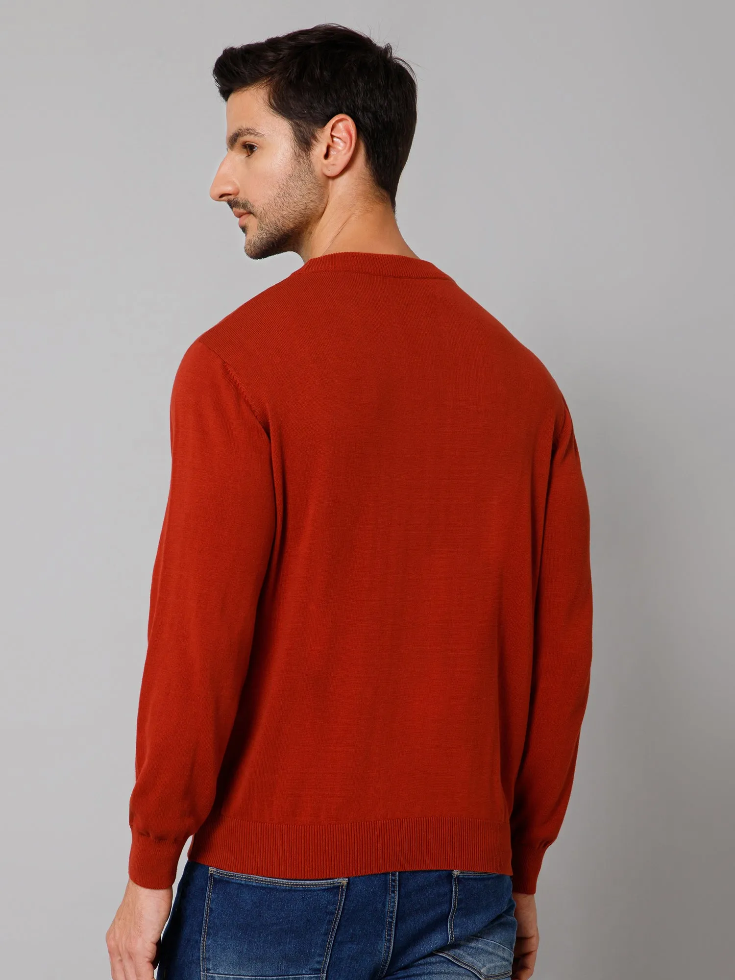 Solid Rust Full Sleeves Round Neck Regular Fit Casual Sweater for Men