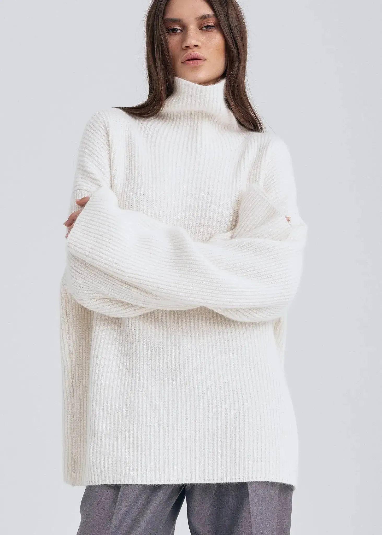 Turtleneck Solid Oversized Women's Elegant Long Sleeve Jumper With Scarf Sweater