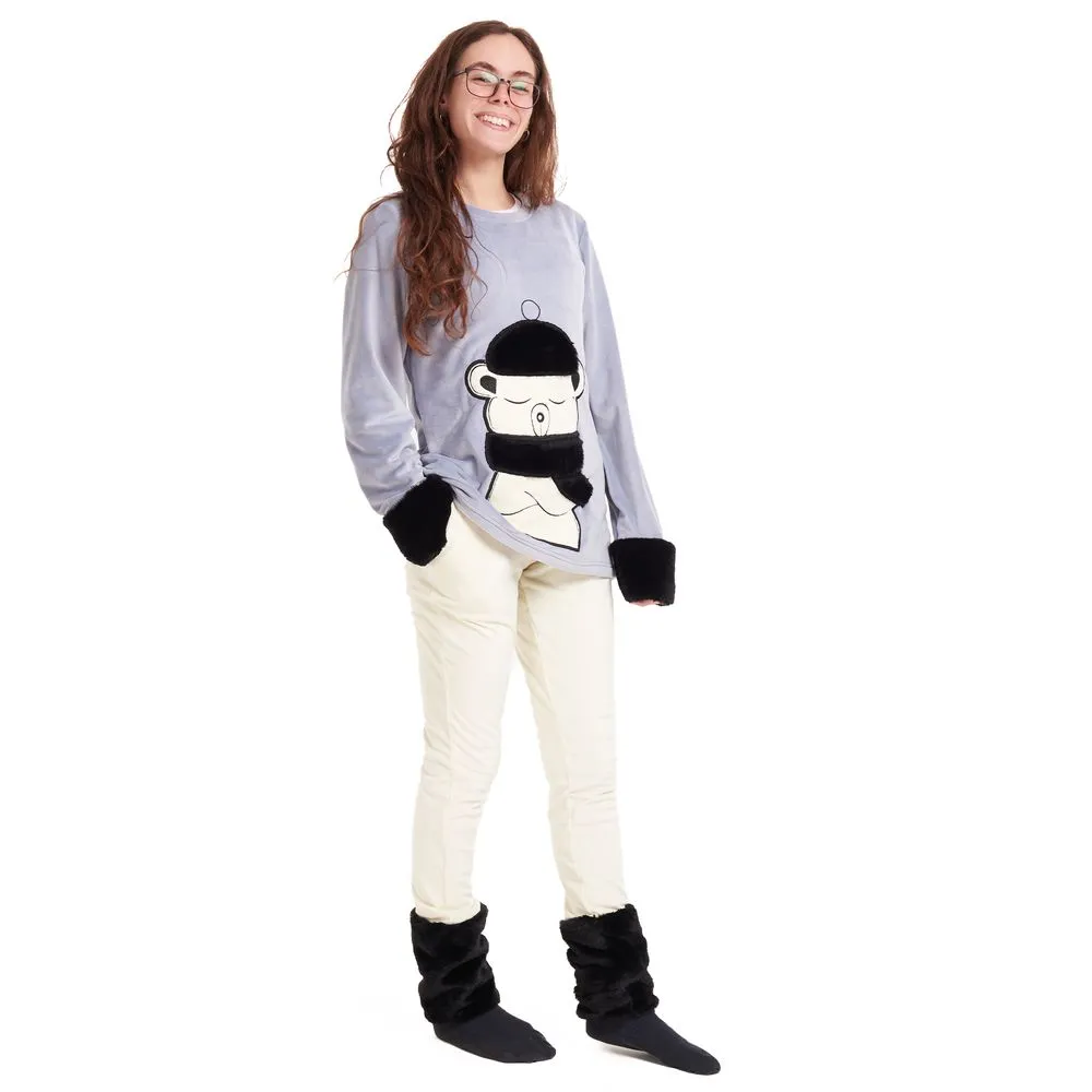 Women Winter Pajama Set Polar bear sweatshirt   Off white pants