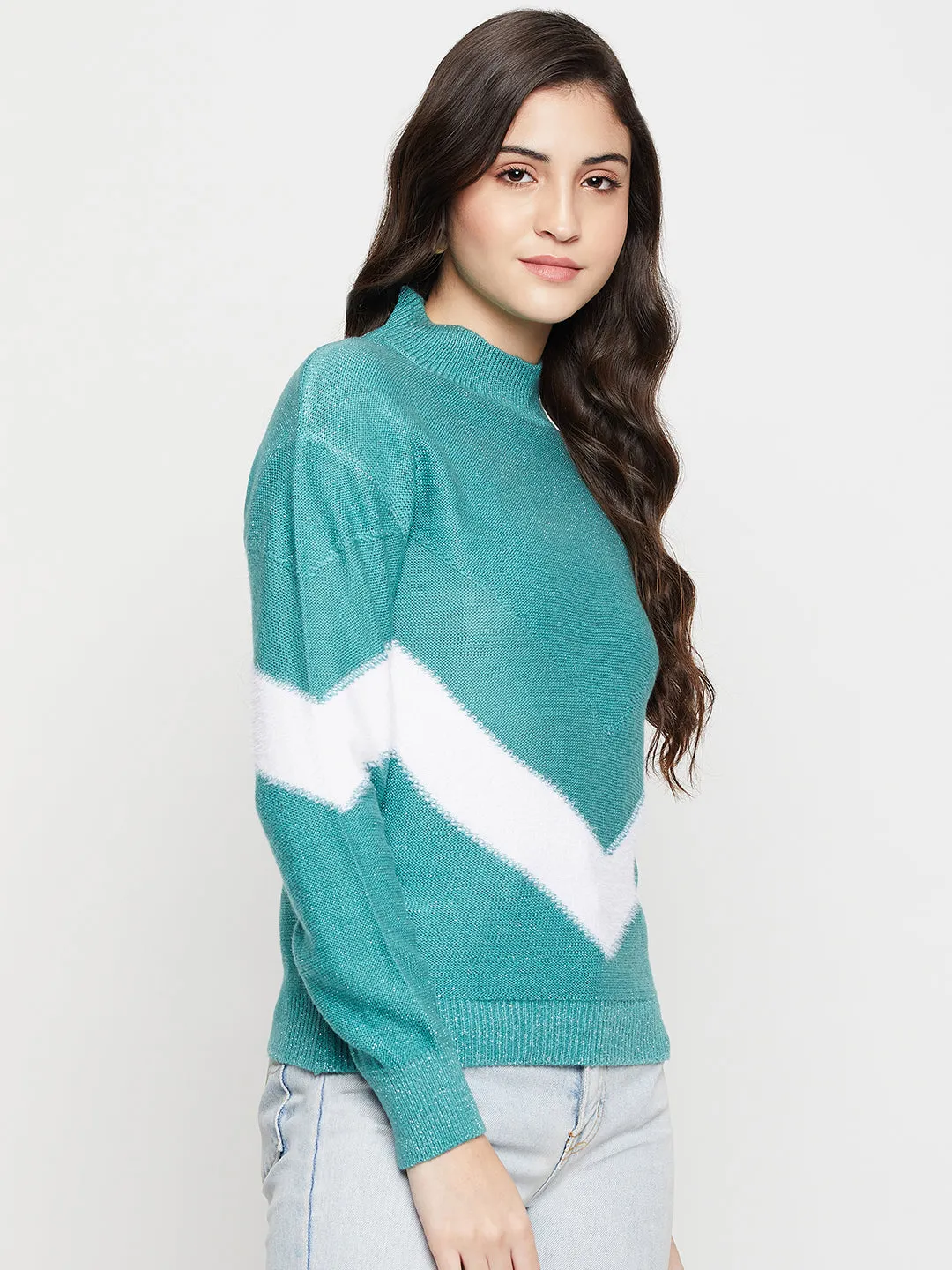 Women's Casual  Aqua High neck Color Block Pullover Sweater