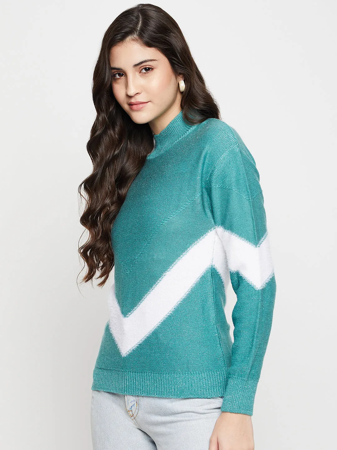 Women's Casual  Aqua High neck Color Block Pullover Sweater