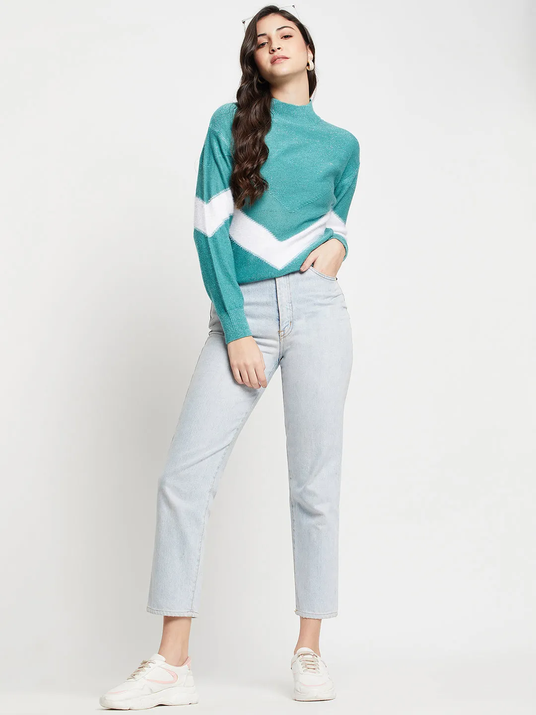 Women's Casual  Aqua High neck Color Block Pullover Sweater